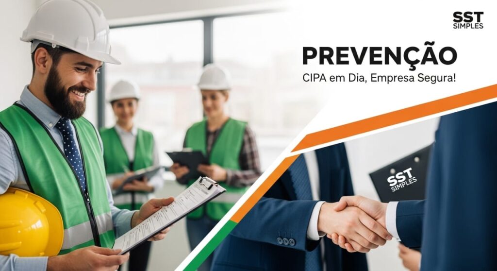 Designado da CIPA realizando inspeção de segurança no trabalho após treinamento, com suporte da consultoria SST Simples para conformidade.