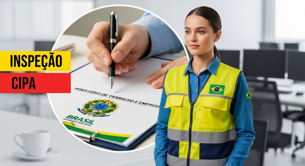 Fiscalização da CIPA sendo realizada em ambiente de trabalho, destacando a importância da conformidade com o Ministério do Trabalho e Emprego.